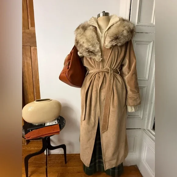 Camel Cashmere Maxi Trench Coat Long Belted Wrap Robe Winter Coat - Picture 7 of 15